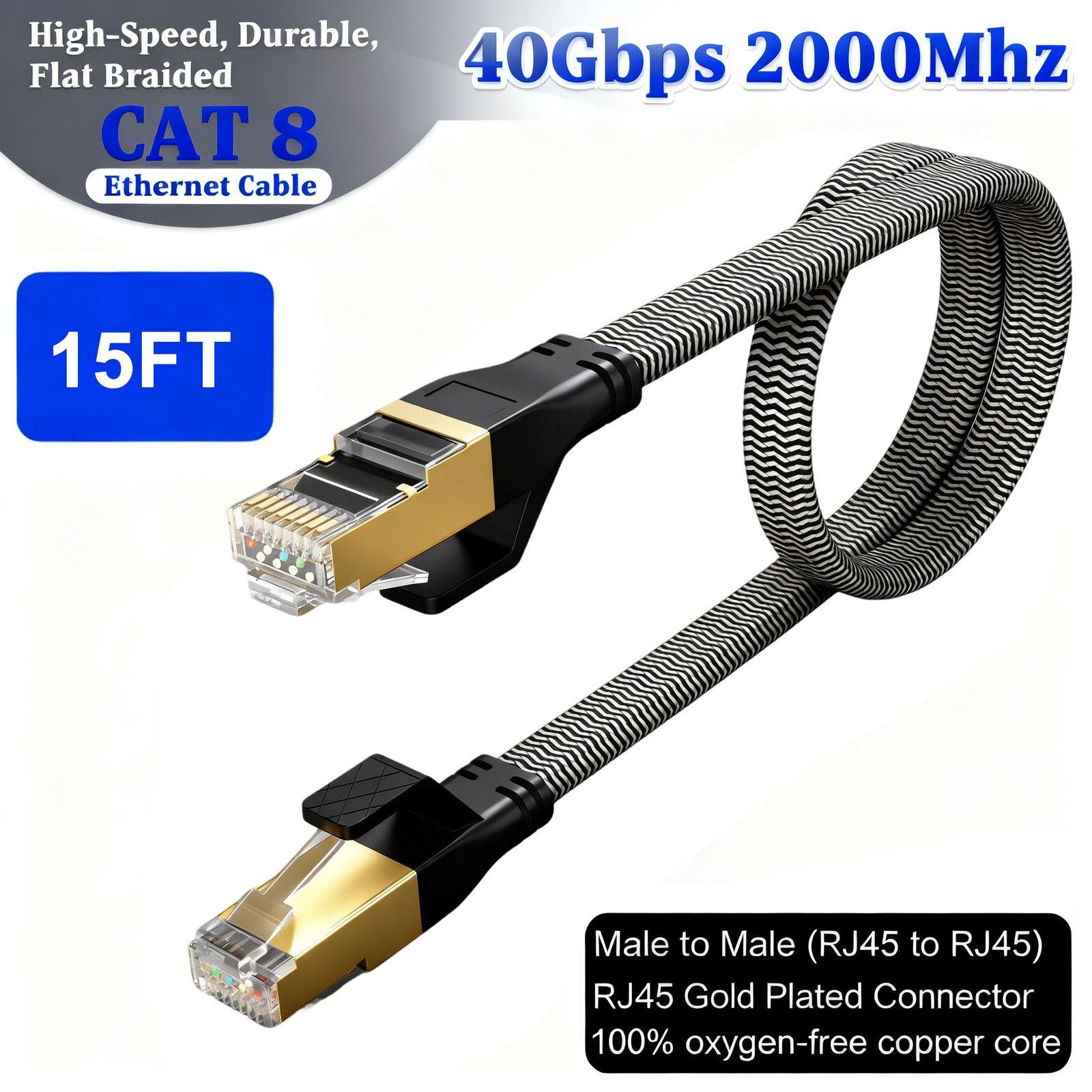10FT-35FT flat Cat 8 Ethernet Cable Braided 40Gbps 2000Mhz CAT8 Network Cables