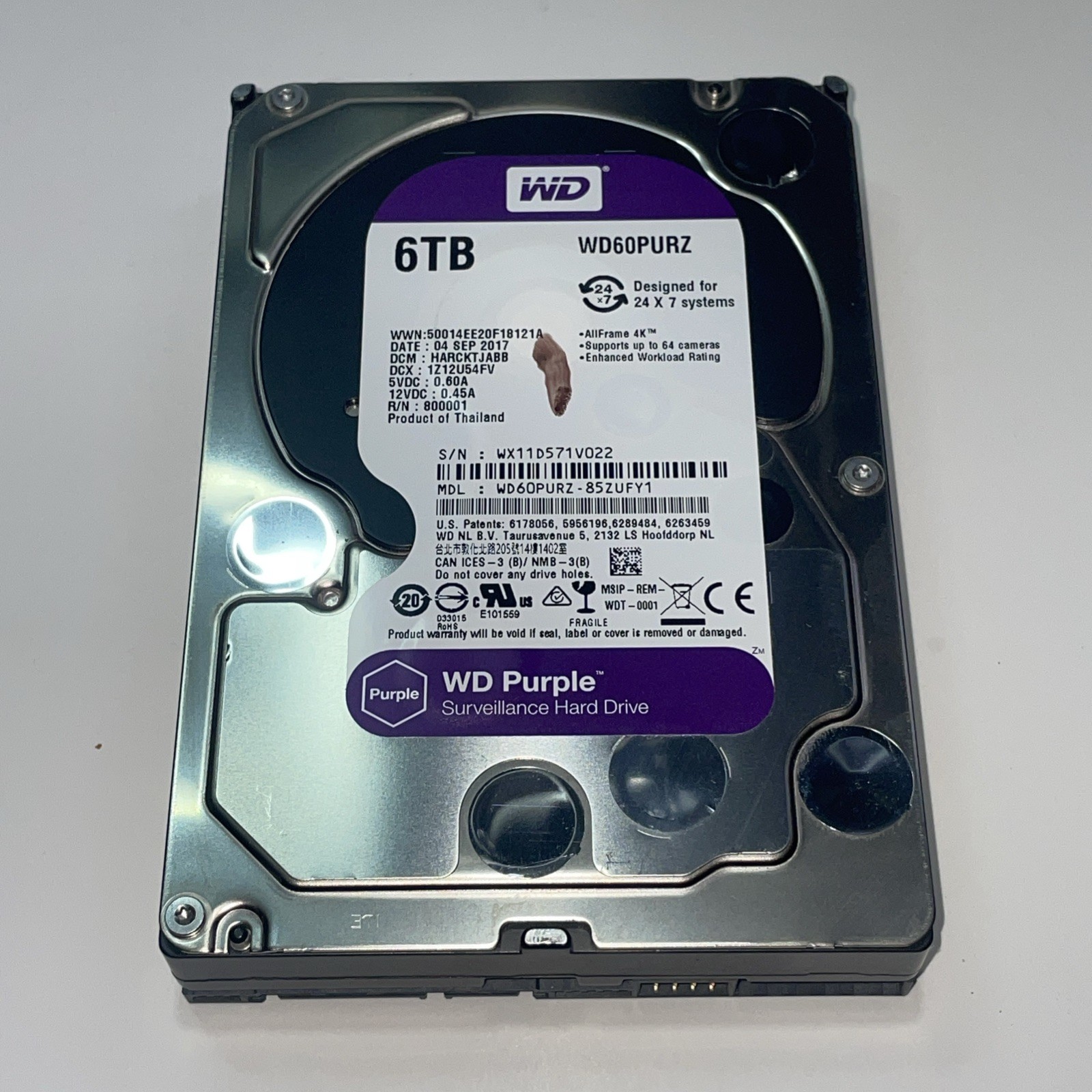 Western Digital WD Purple 6TB WD60PURZ Hard Drive SATA 5700RPM 3.5 Pre Owned