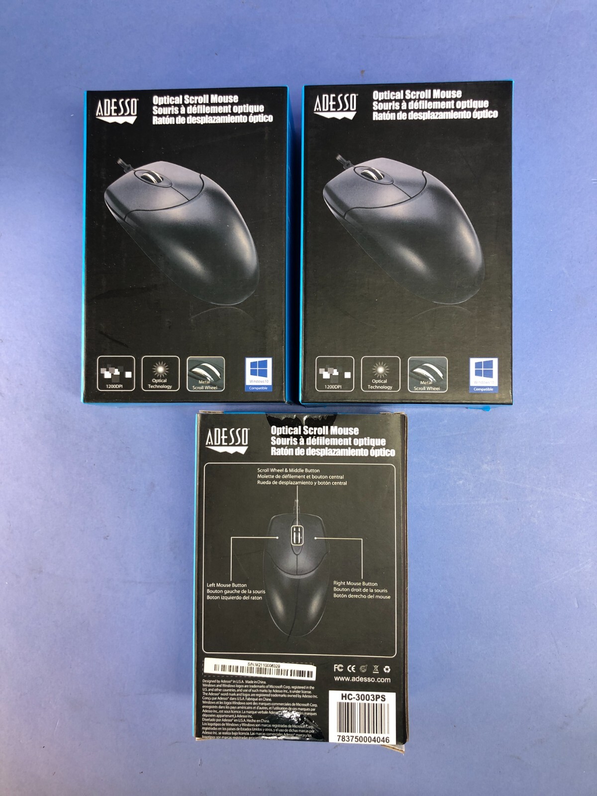 Lot of 3 - ADESSO PS/2 Black 3-Button Optical Scroll Mouse PN: HC-3003PS - NEW
