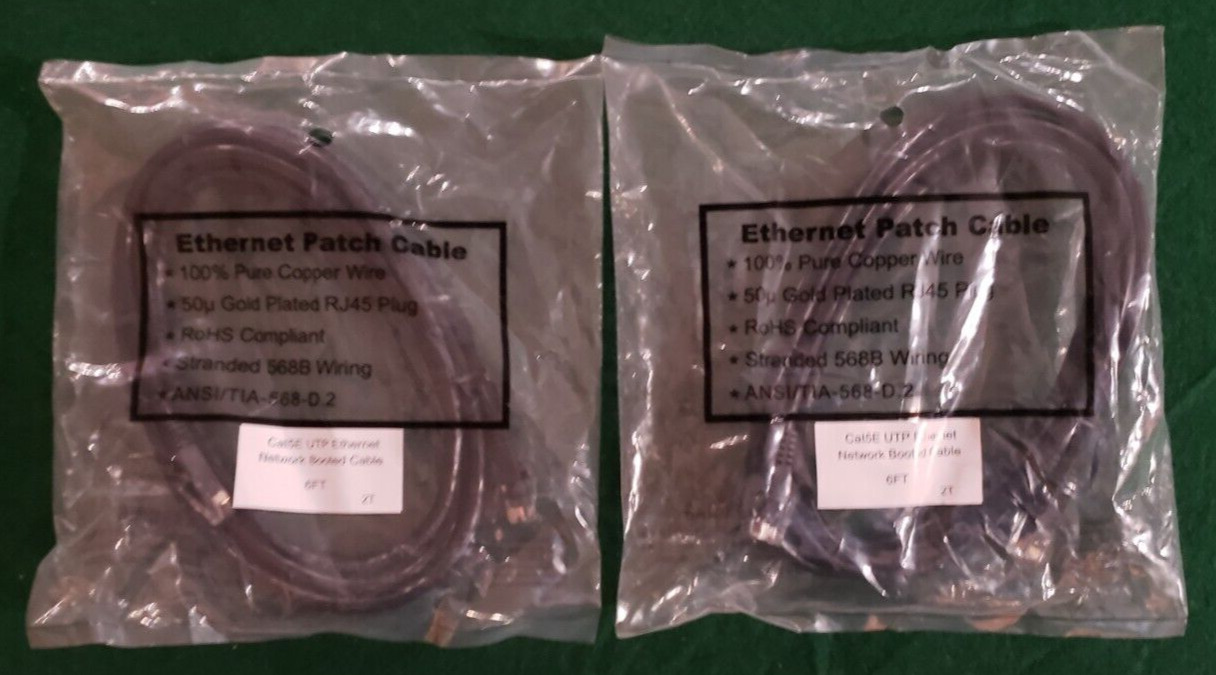2) Cat5E Ethernet cable's Network Booted 6ft long New unopened package's