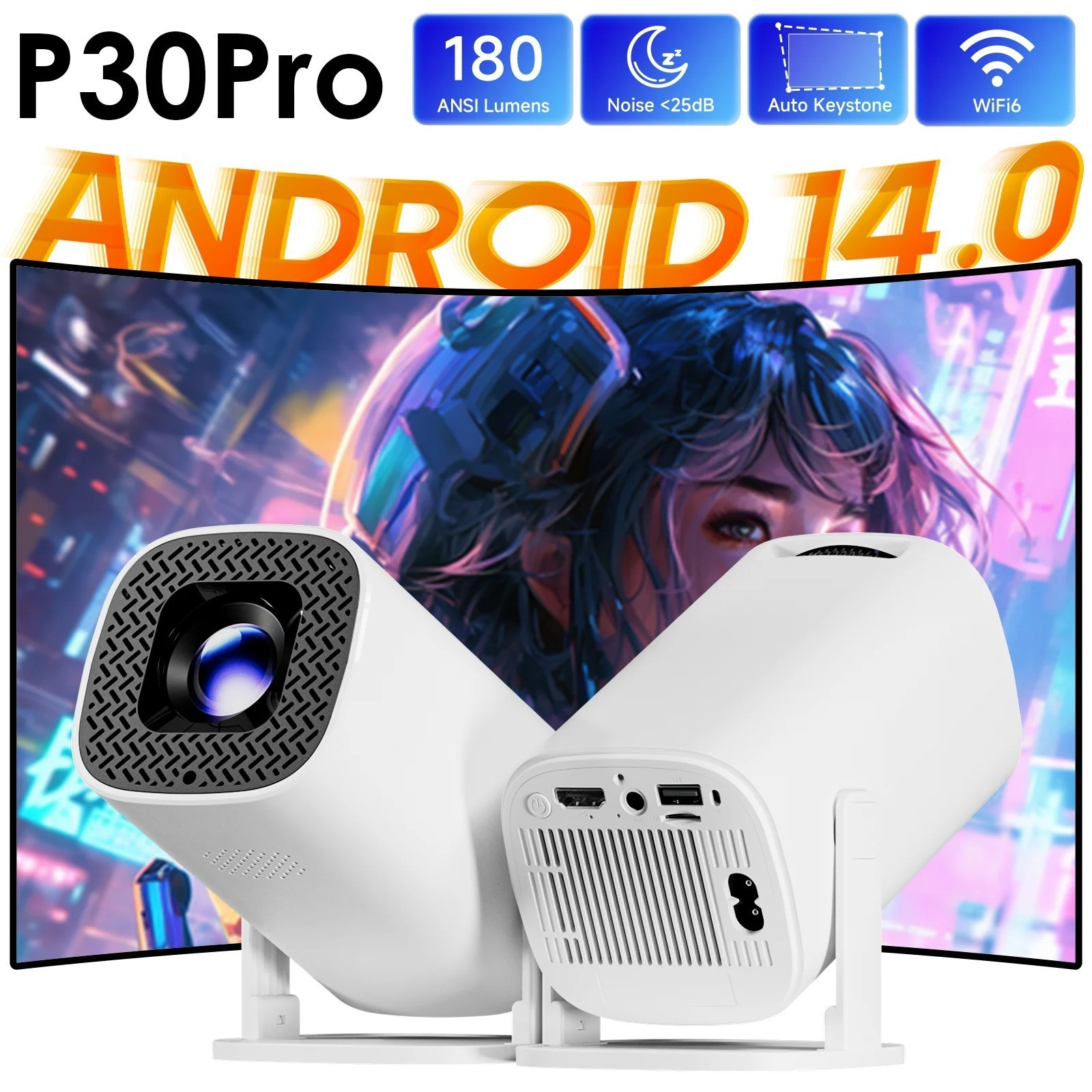 Topsion P30 PRO Mini Projector Android 14 WiFi6 720P 4K Support Home Theater