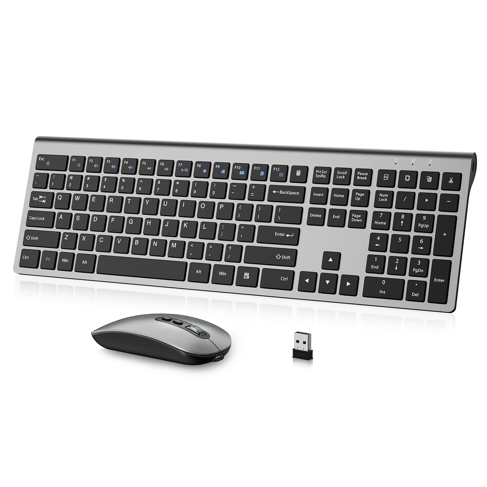 Rechargeable Wireless Keyboard and Mouse Combo  Full Size, Grey