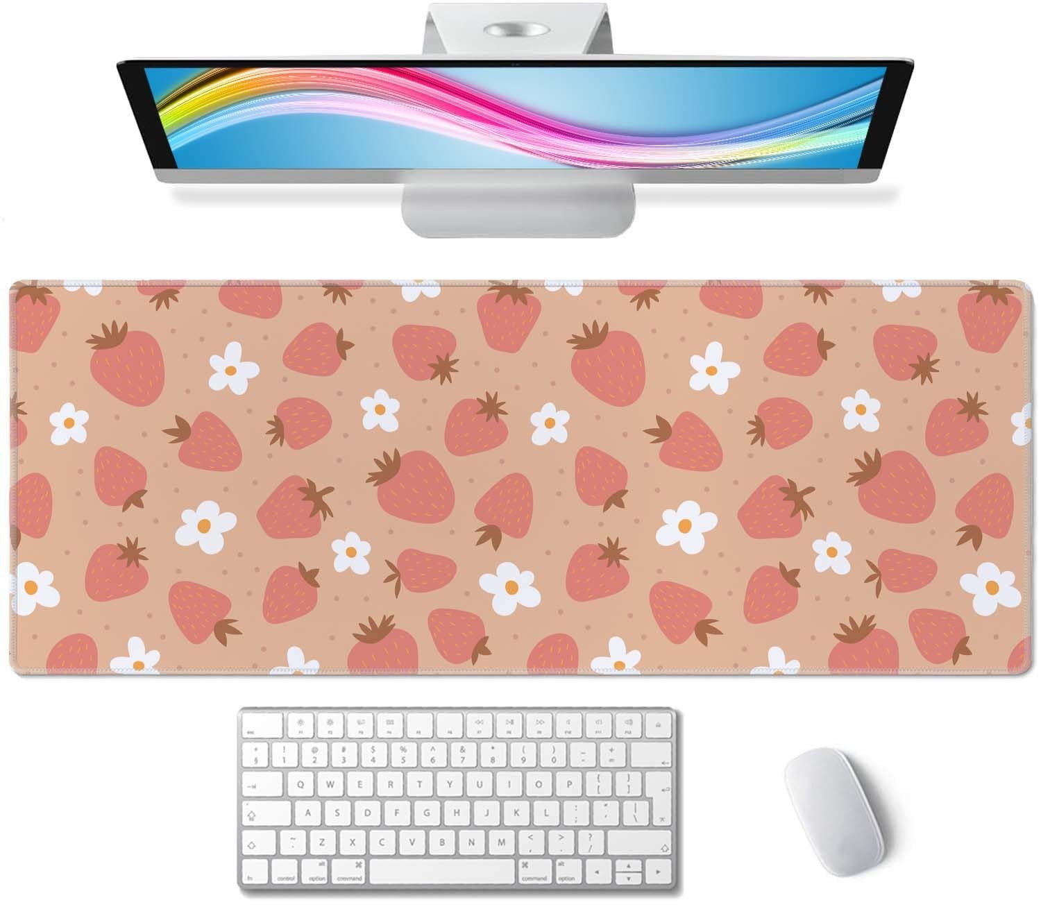 31.5x11.8 Inch Strawberry Daisy Pink Large Mouse Pad Gaming Keyboard Mat