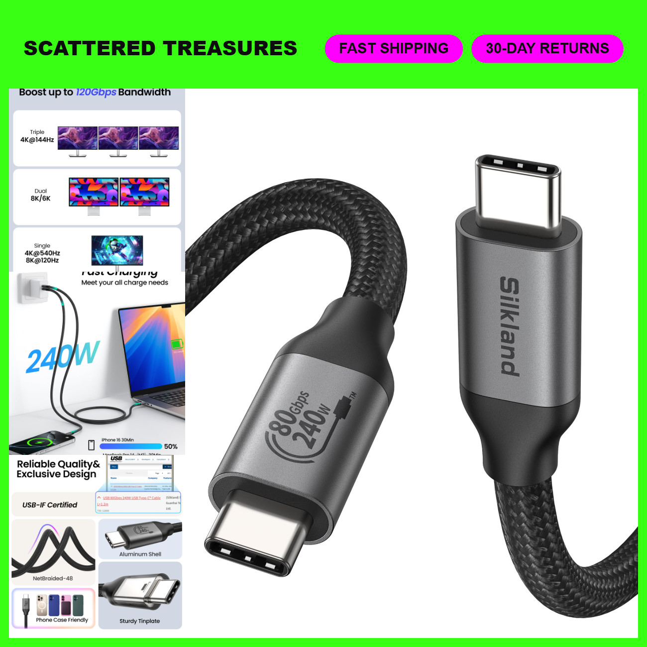 80Gbps USB 4 Thunderbolt 5 Cable 4FT, 120Gbps Data Transfer, 240W Power Delivery