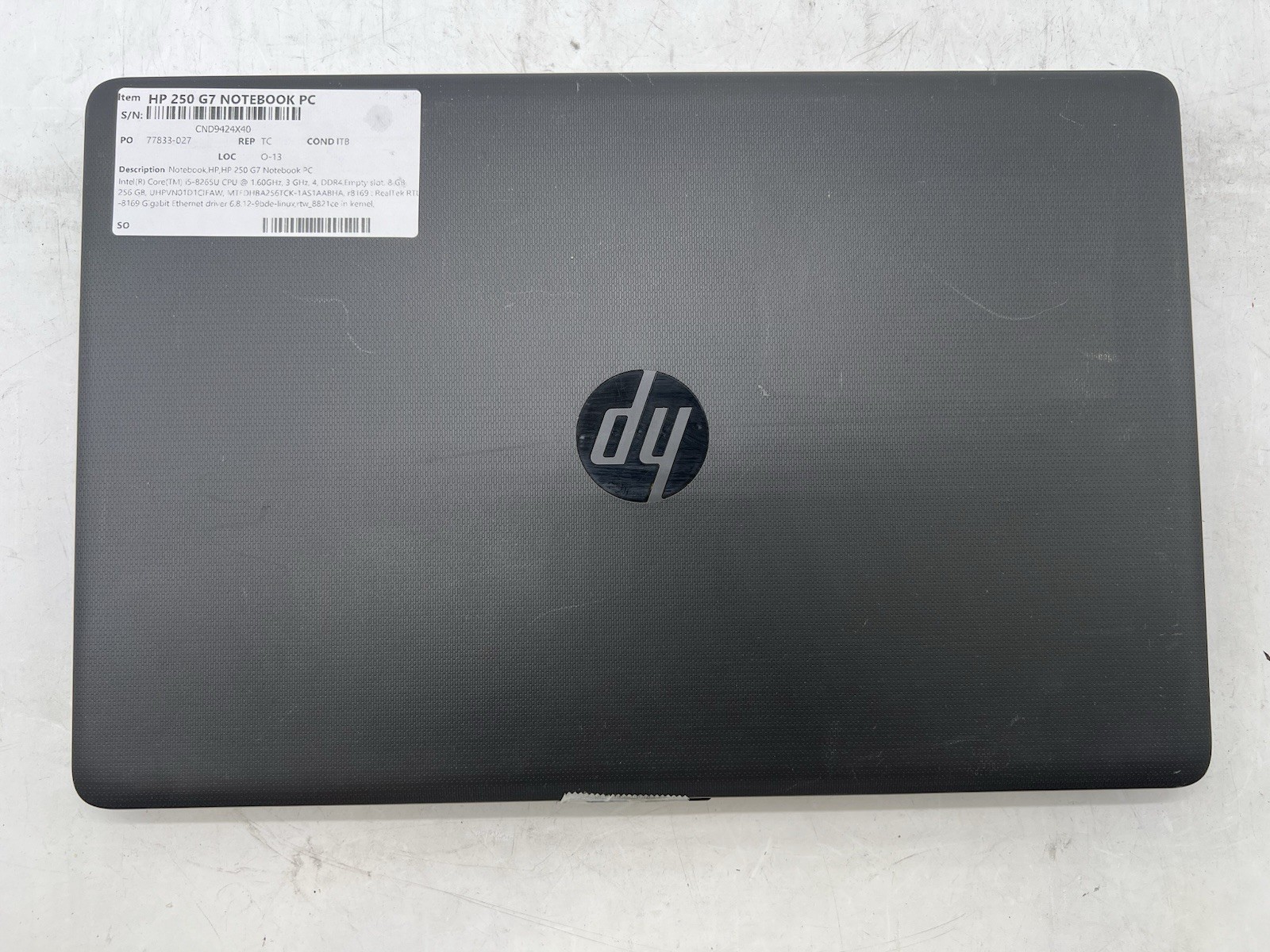 HP 250 G7 Notebook, i5-8265U CPU, @ 1.60GHz, 8GB RAM, 256GB NVMe-No OS/Charger