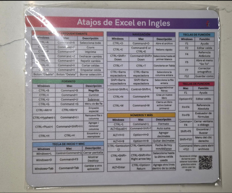 Excel shortcut mouse pad in Spanish 8.5"x9.5 Multicolor