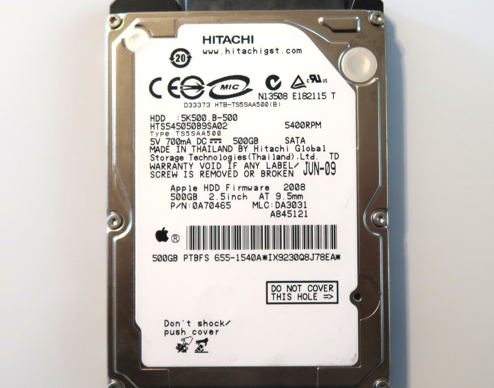 Hitachi HTS545050B9SA02 0A70465 DA3031 655-1540A Thailand 500gb 2.5" Sata 2009