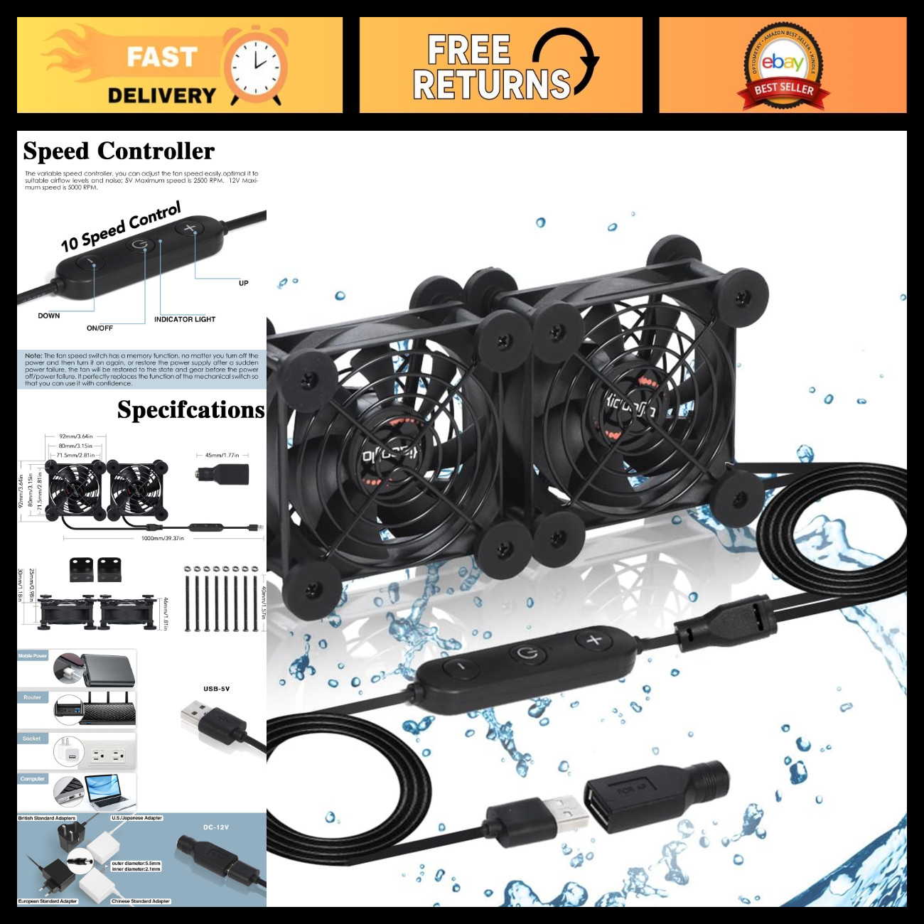 Dual 80mm USB Cooling Fan - 10-Speed, 5V/DC & 12V for Terrarium, Computer, Xbox