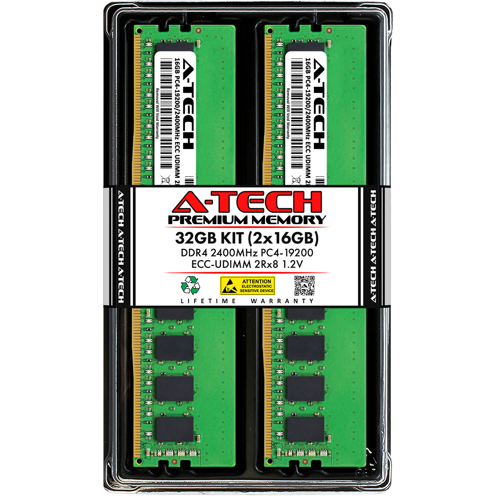 A-Tech 32GB 2x 16GB 2Rx8 PC4-19200E DDR4 PC4-2400T-E ECC UDIMM Server Memory RAM
