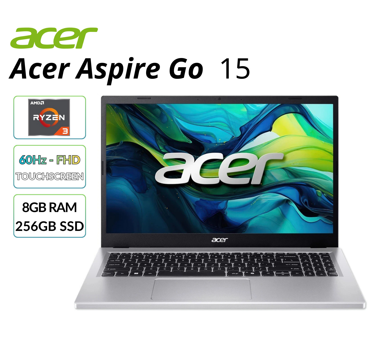 Acer Aspire Go 15 15.6" Laptop FHD AMD Ryzen 3 8GB RAM 256GB SSD AG15-21PT-R4SY