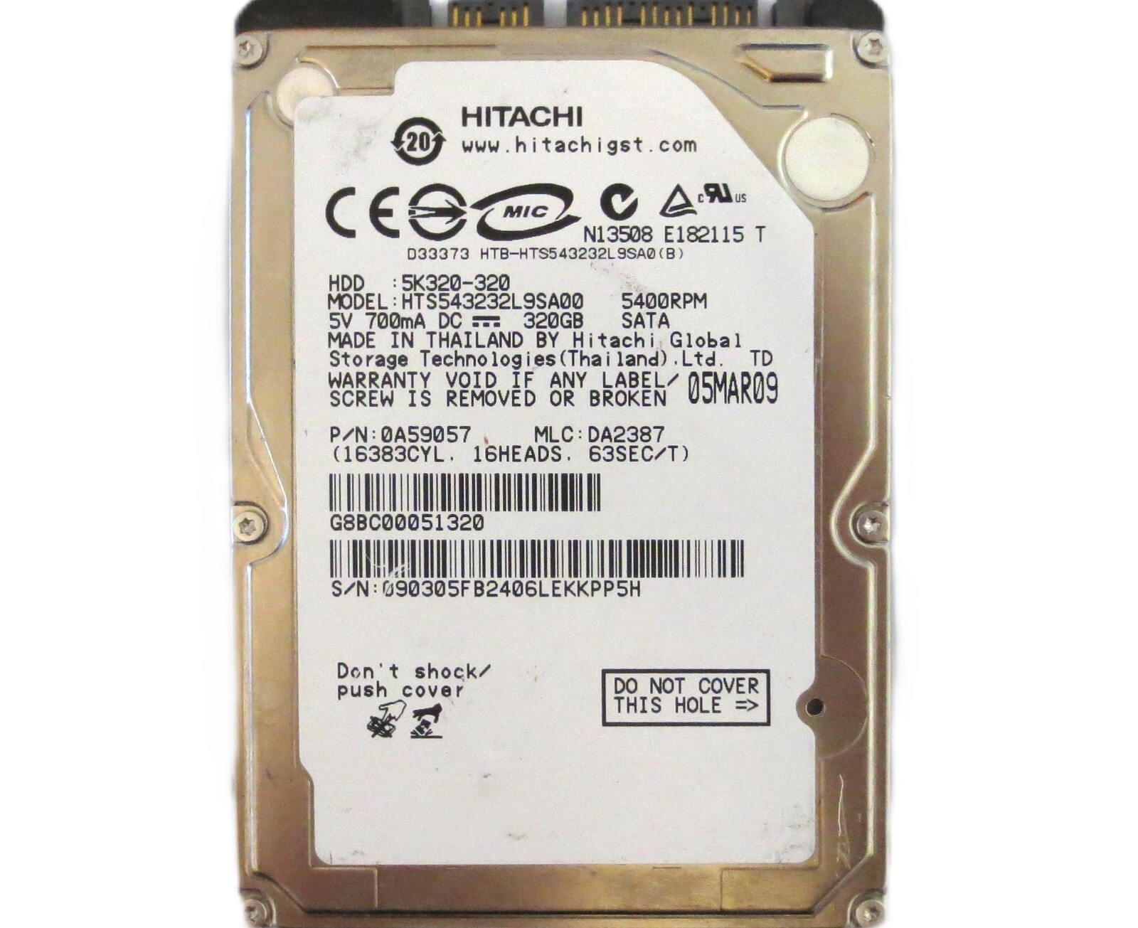 Hitachi HTS543232L9SA00 0A59057 DA2387 (0903) Thailand 320gb 2.5" Sata 05MAR09