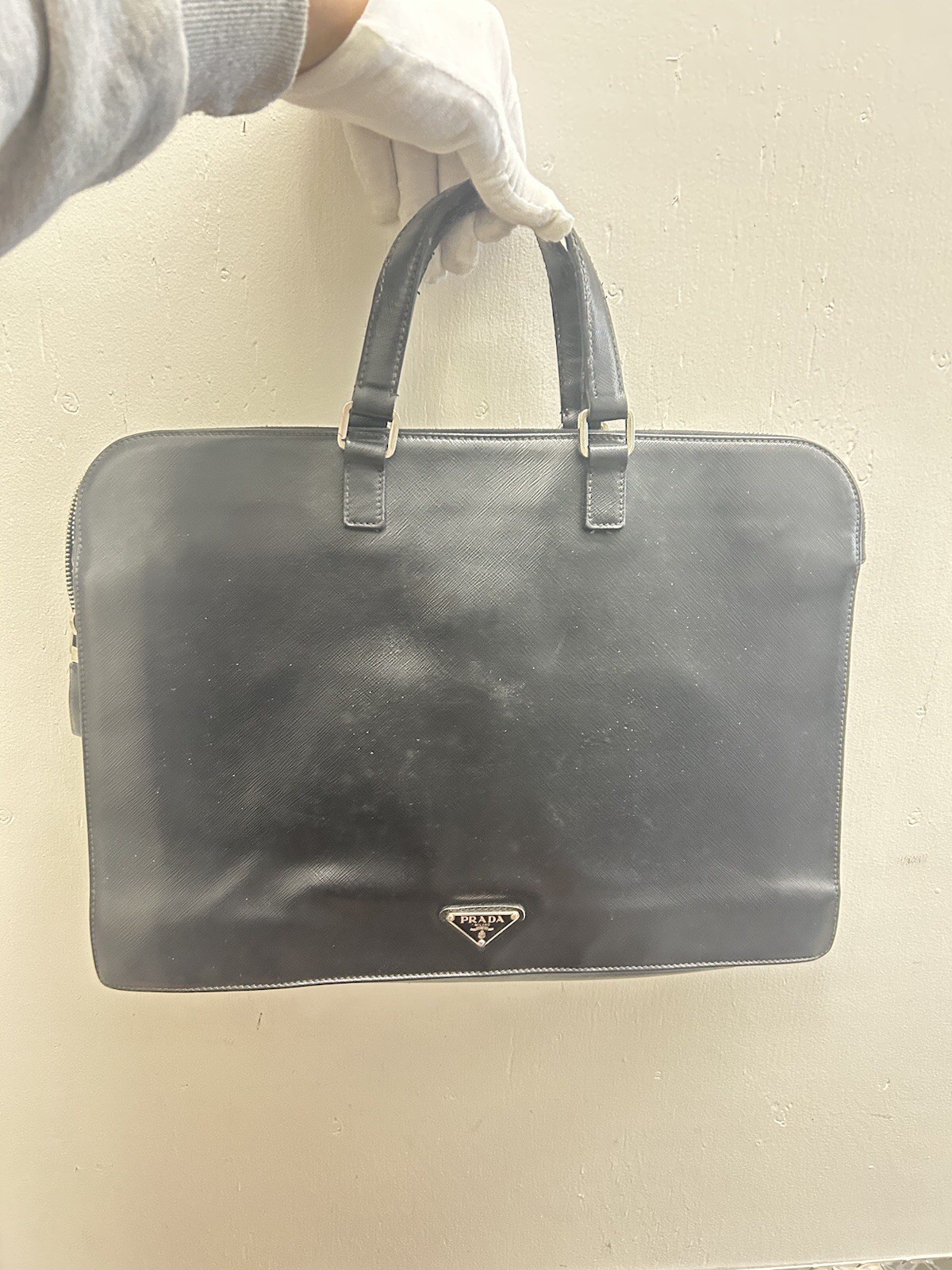 PRADA Black Leather Briefcase Laptop Organizer Bag BB91