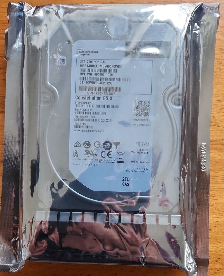 Authentic HPE 695507-006 2TB 7.2K 6G SAS HDD, Sealed