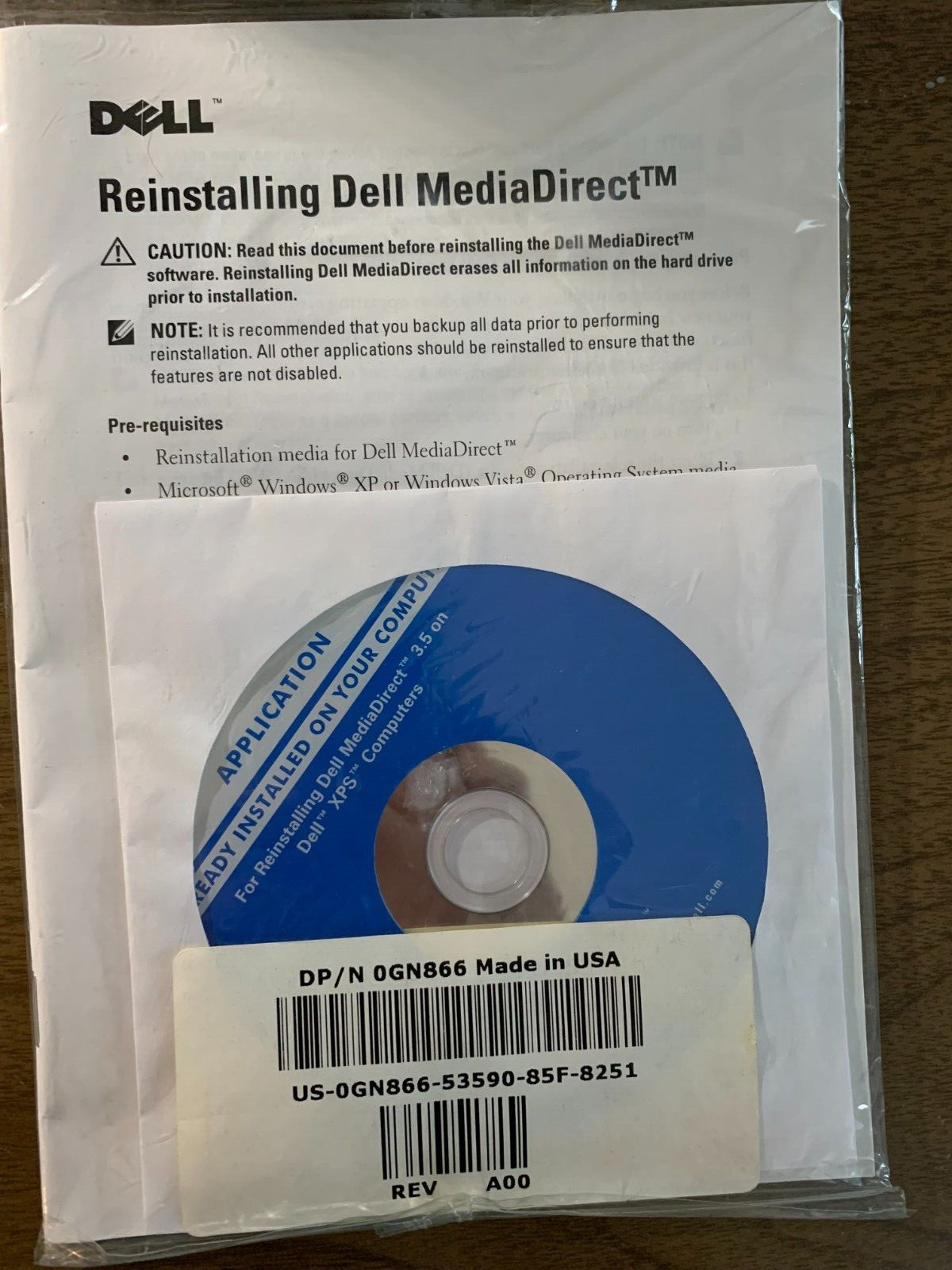NEW Dell MediaDirect 3.5 for XPS ReInstallation CD 0GN866 With Manual Sealed