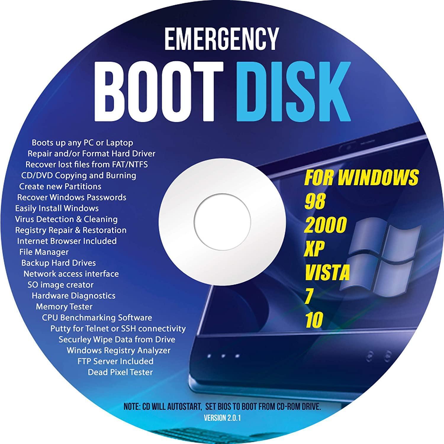 Windows Emergency Boot Disk - for Windows 98, 2000, Xp, Vista, 7, 10 Pc Repair D