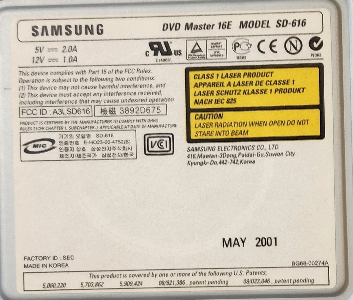 Samsung DVD Master 16E MODEL SD-616 Rev A01 DP/N 0817NF Black Bezel