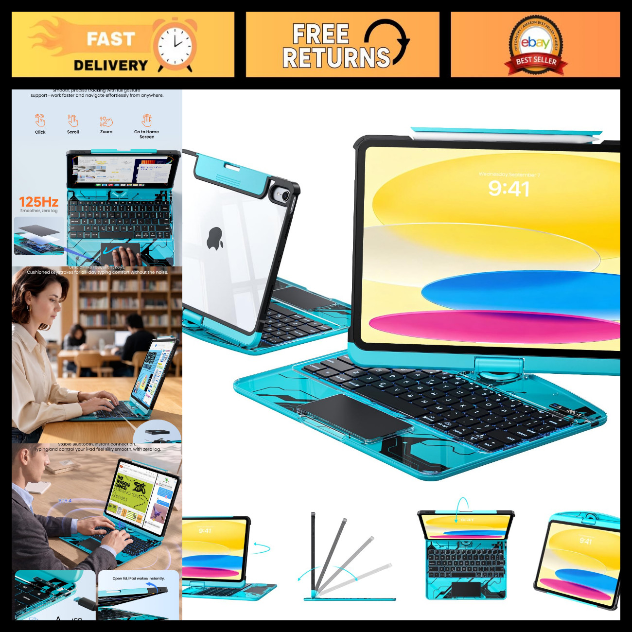 Transparent Keyboard Case for iPad 11" & 10.9" - 7-Color Backlit, 360° Rotating,