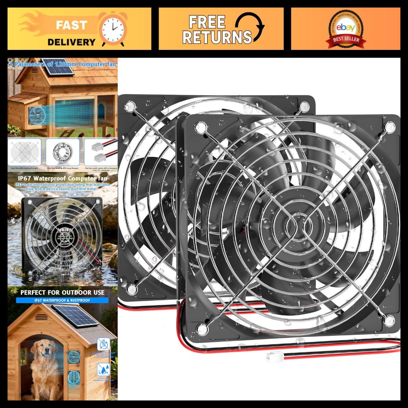 120mm x 25mm 12V Waterproof Cooling Fan - IP67 Rated, 2 Pack, Quiet & Efficient