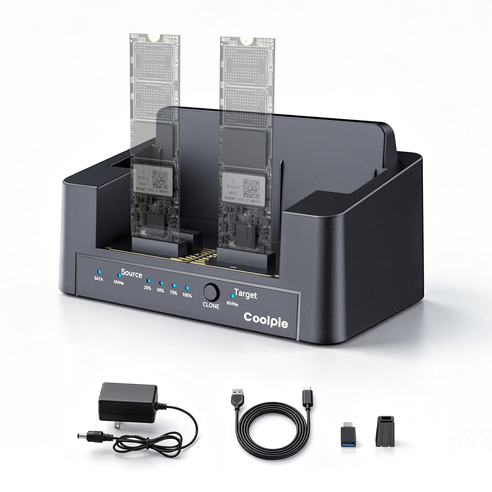 Coolpie 5-in-1 SSD Cloner, Supports M.2 NVMe/SATA 5 Mode (Black)