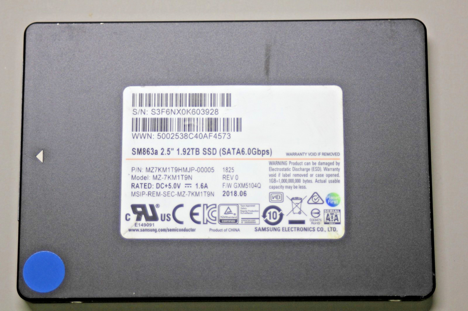 Samsung SM863a 1.92TB 6Gbps 2.5" SATA SSD MZ-7KM1T9N 90-99% Health