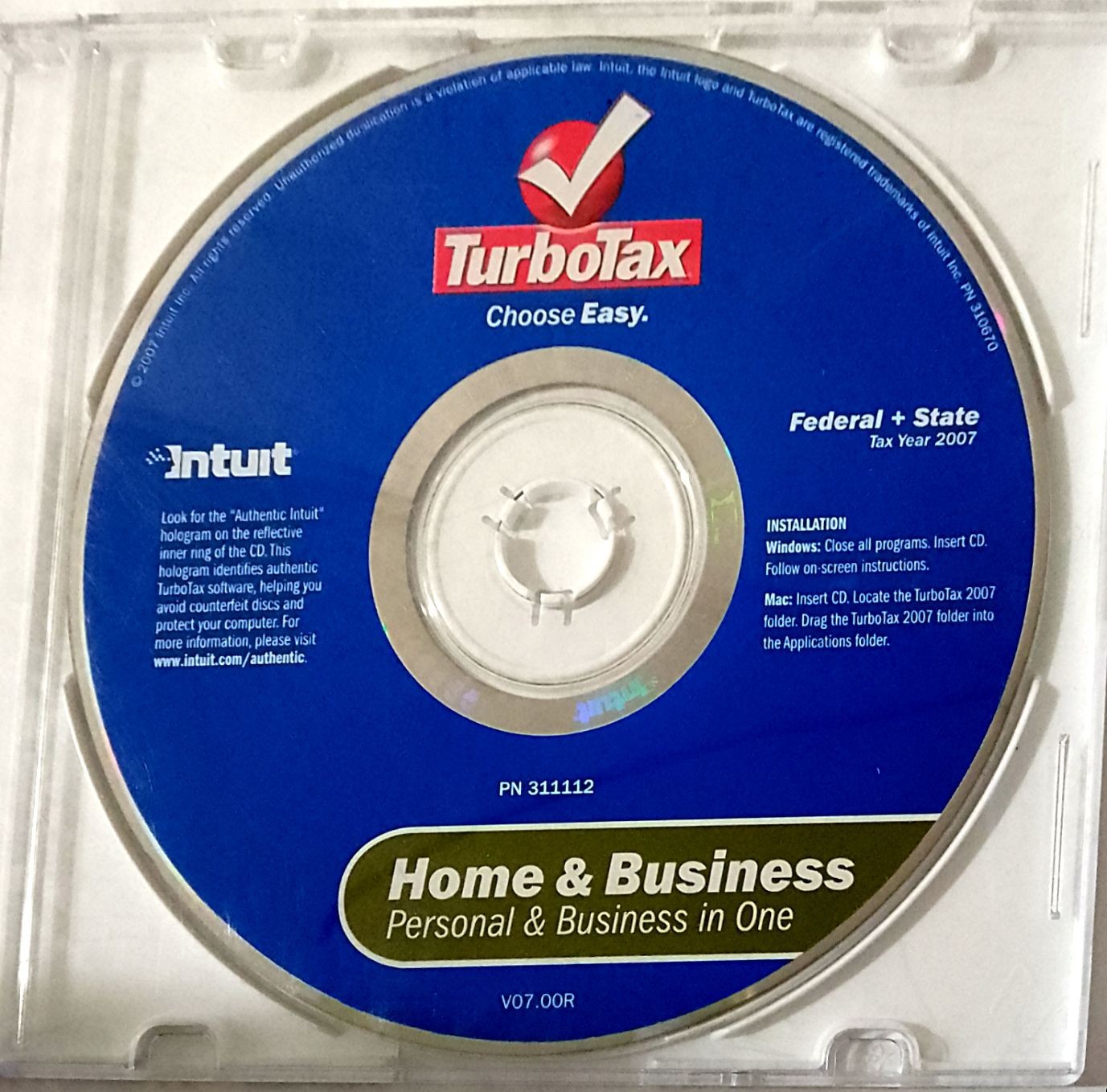 Intuit TurboTax Home & Business 2007 Federal + State CD Windows/Mac likenew