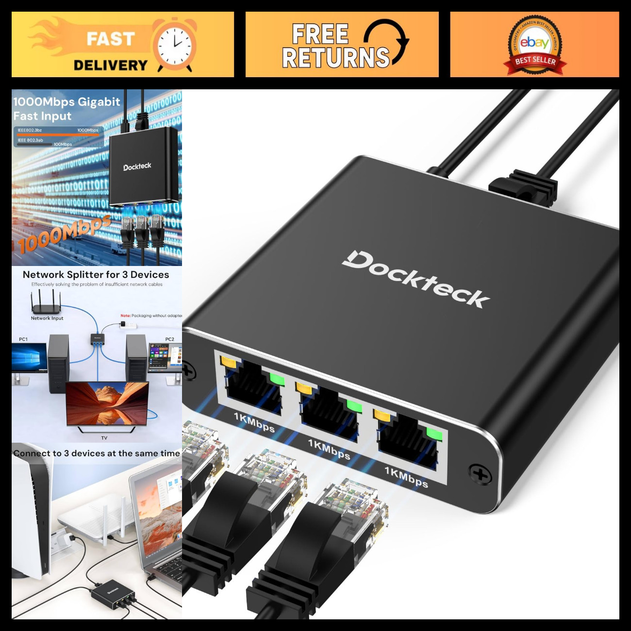 Ethernet Splitter 1 to 3, 1000Mbps High-Speed Network Cable Hub, Internet Adapte