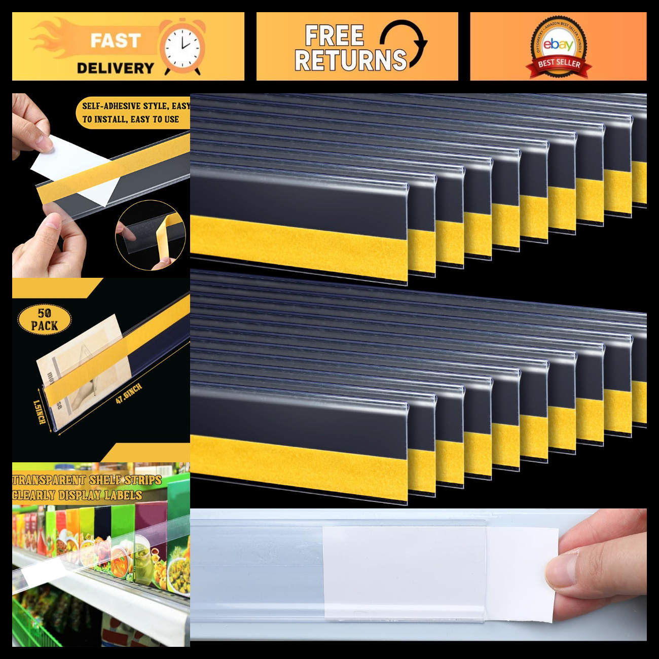 50 Pcs Adhesive Shelf Label Strips, 1.5''H x 48''L, White - Organize Your Space