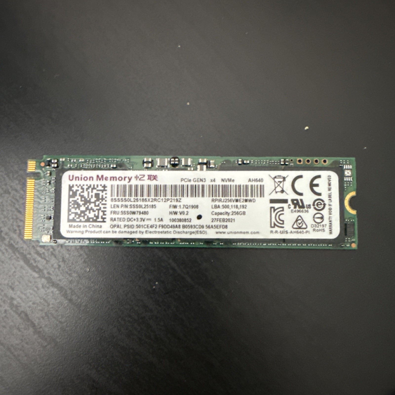 Union Memory AH640 256GB NVMe PCIe Gen3 x4 Internal SSD M.2 2280 OPAL
