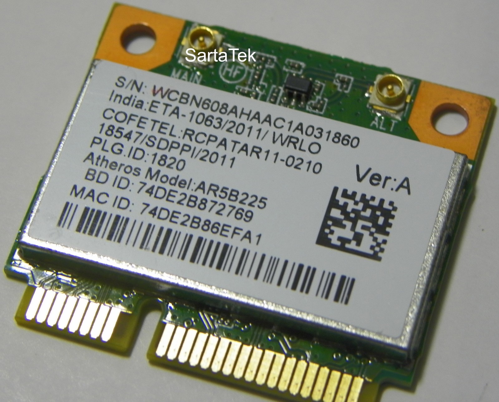 Atheros AR5B225 802.11B/G/N WLAN Bluetooth 4.0 PCIe Half Lite-On WCBN608AH