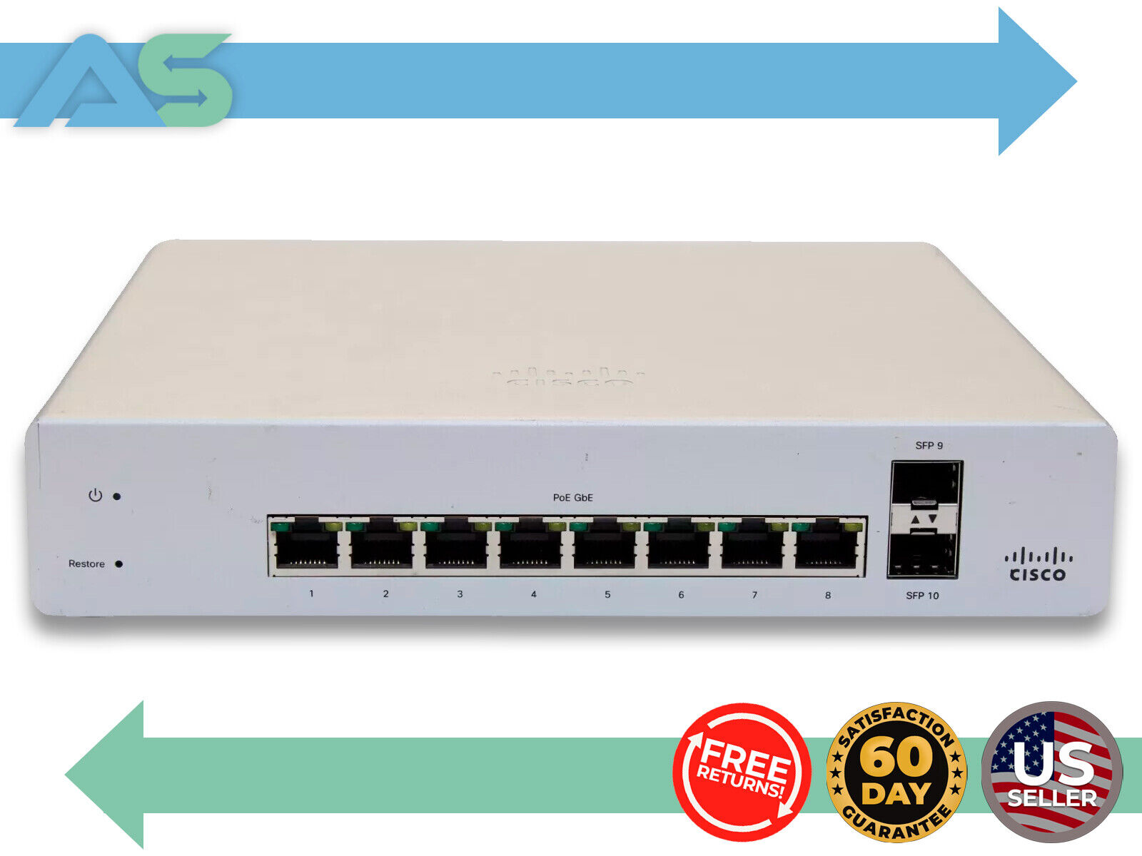 Cisco Meraki MS220-8P-HW Cloud Managed 8 Port Gigabit 124W PoE Ethernet Switch
