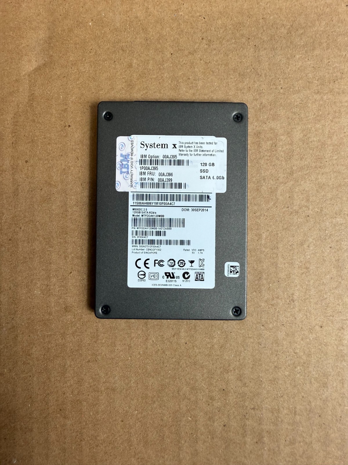 IBM Micron 120GB 2.5" 00AJ396  MTFDDAK120MBB SATA  Solid State Drive