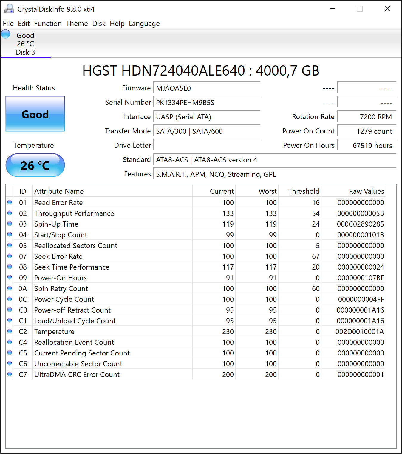 HGST Deskstar NAS 4TB HDN724040ALE640 3.5" SATA 7200rpm 64MB CMR HDD