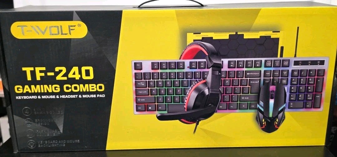 T-WOLF TF-240 4-in-1 Wired USB Gaming Combo Keyboard Mouse Headset Pad Black