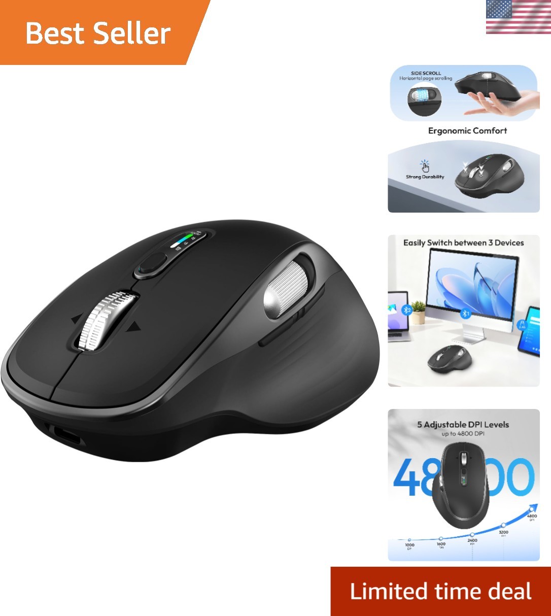 Elegant Wireless Bluetooth Rechargeable Mouse - 8 Programmable Buttons, Black