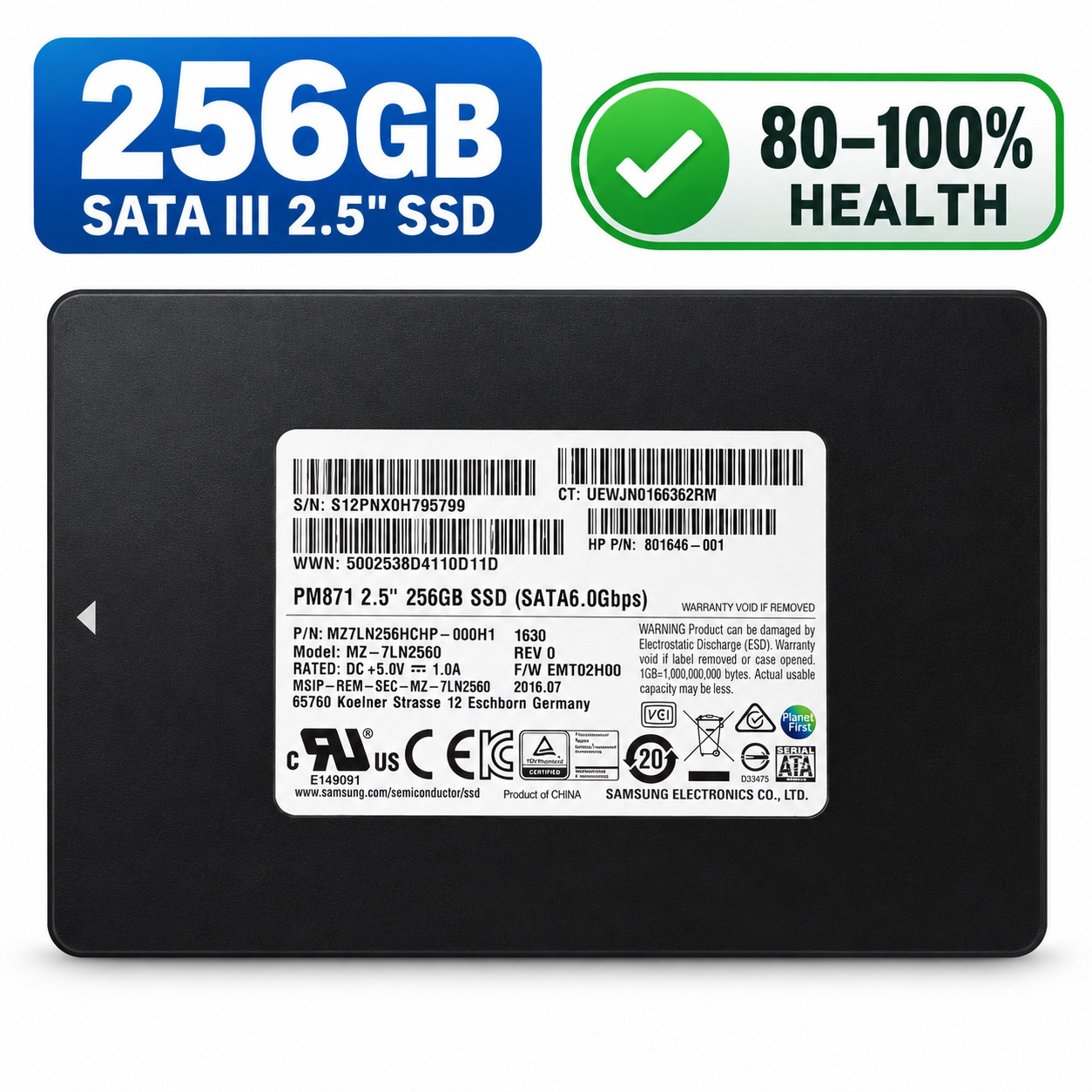 Samsung PM871 / PM871a 256GB 2.5" SATA SSD CrystalDiskInfo Tested 80-100% Health