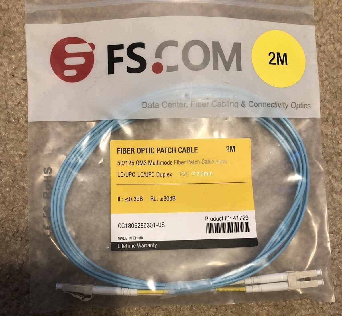 fs.com fibre optic patch cable 50/125 OM3 Multimode Color Aqua Length 2m, LC-LC 
