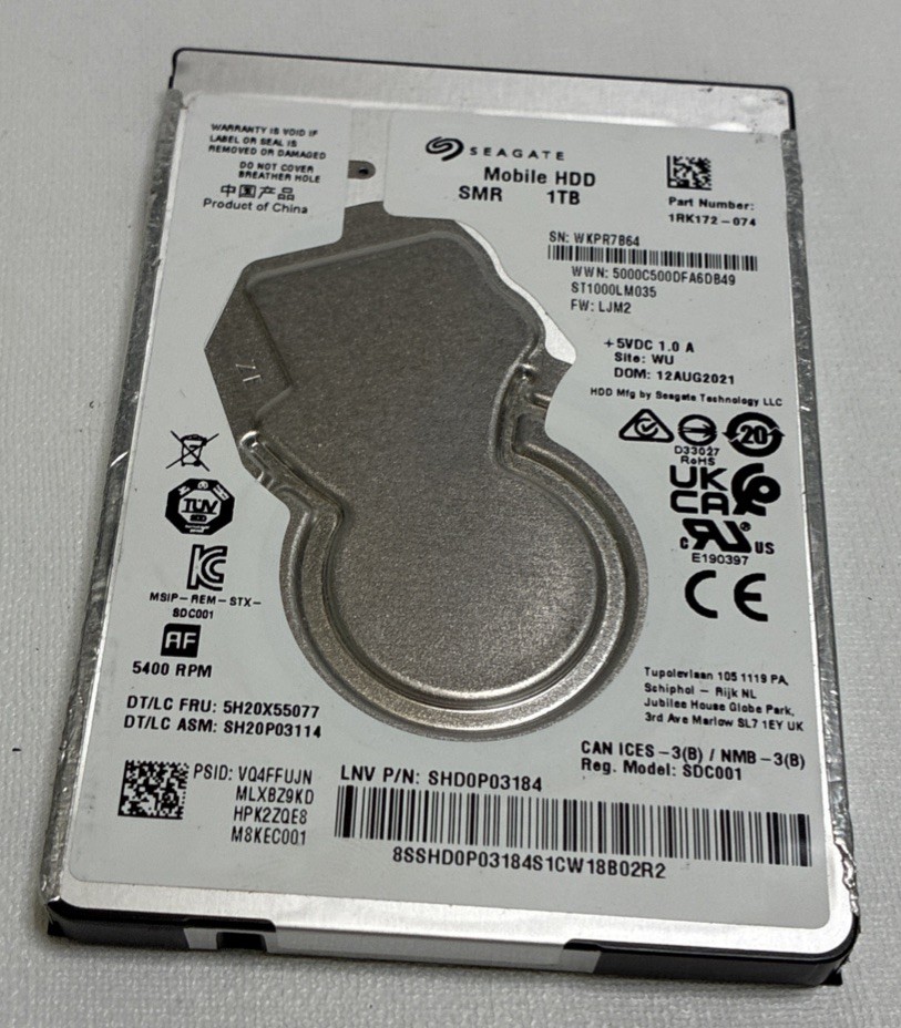 Seagate Mobile 1TB, Internal, 5400 RPM, 2.5" (ST1000LM035) Hard Drive USED.