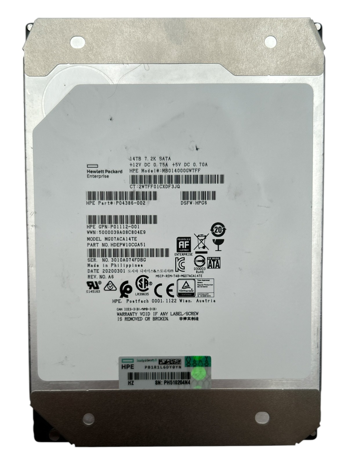 HPE/Toshiba 14TB MG07ACA14TE SATA 6Gb/s 3.5" Enterprise HDD - FOR PARTS
