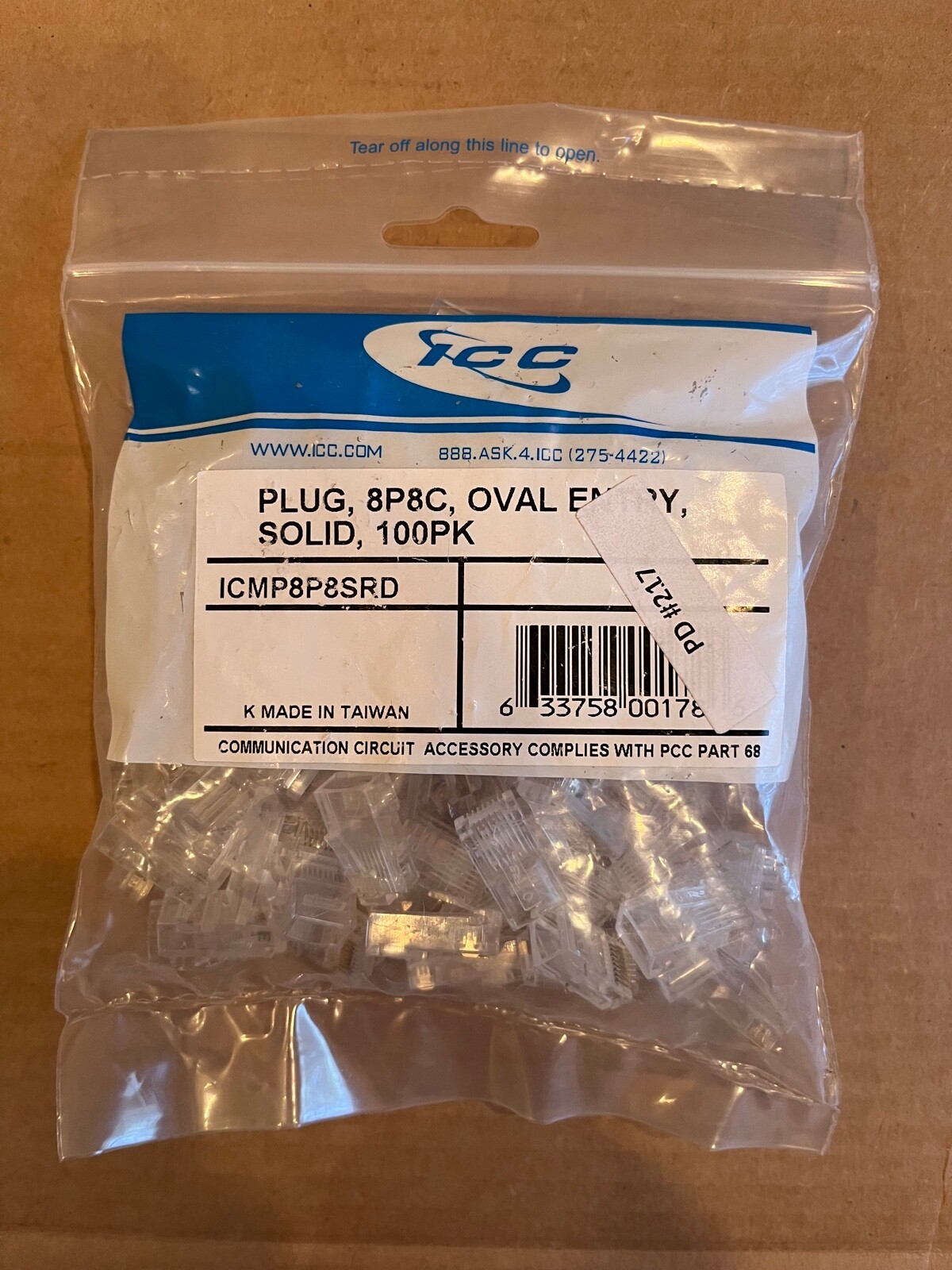 ICC PD#217 Plug 8P8C Oval Entry Solid 100PK, NEW