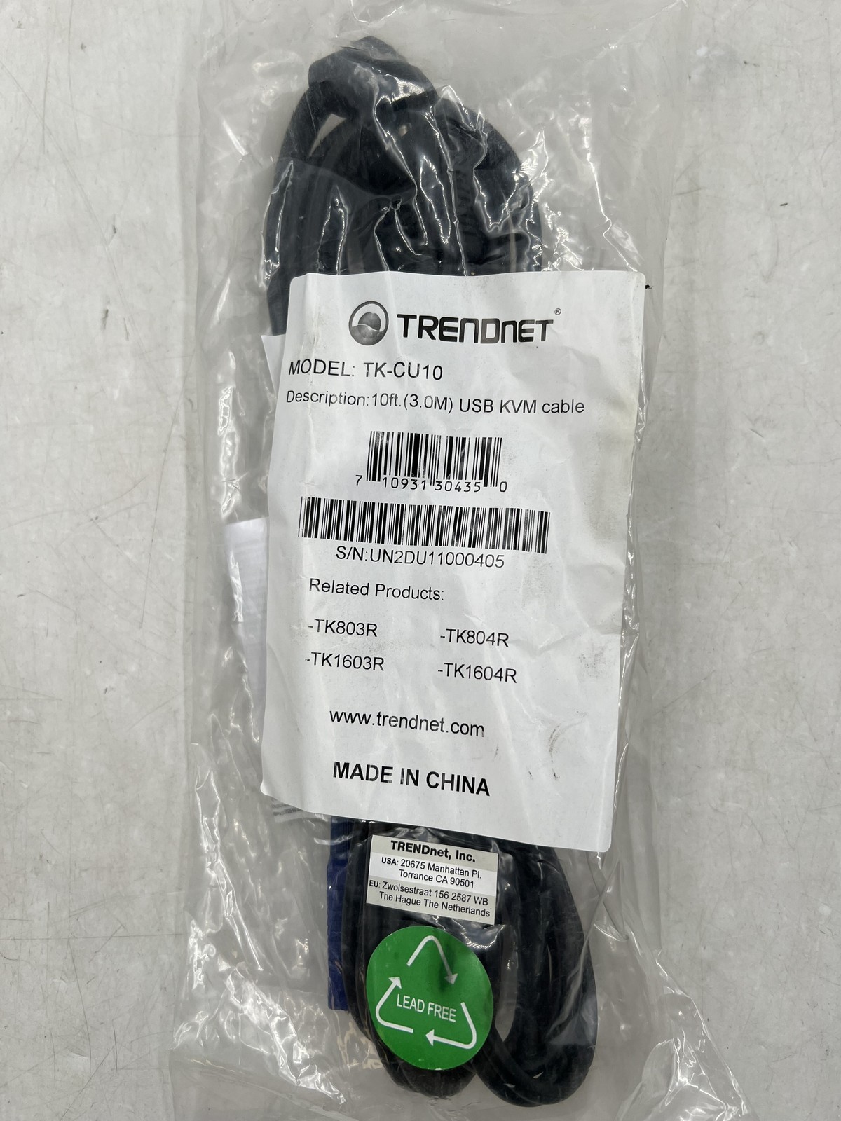 NEW Sealed TRENDnet TK-CU10, 10-feet USB KVM cable for TK-803R/1603R Free S/H