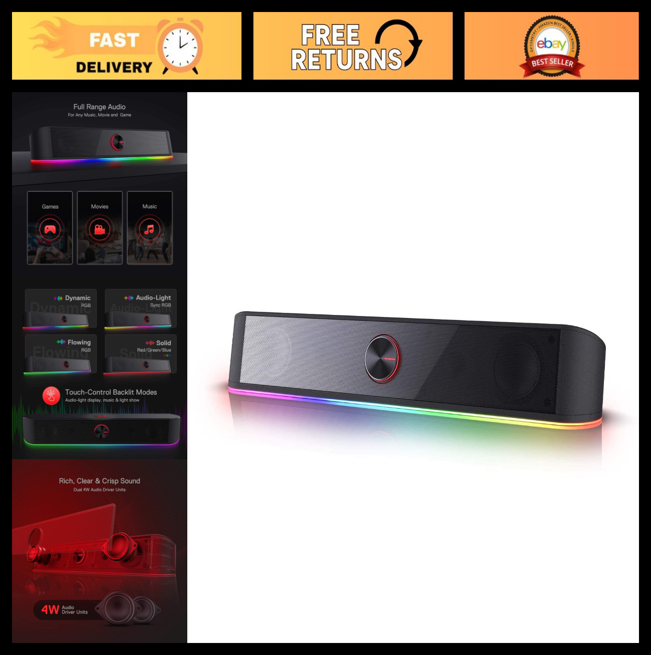 RGB Desktop Soundbar - 2.0 Channel Computer Speakers with Dynamic Lighting & Tou