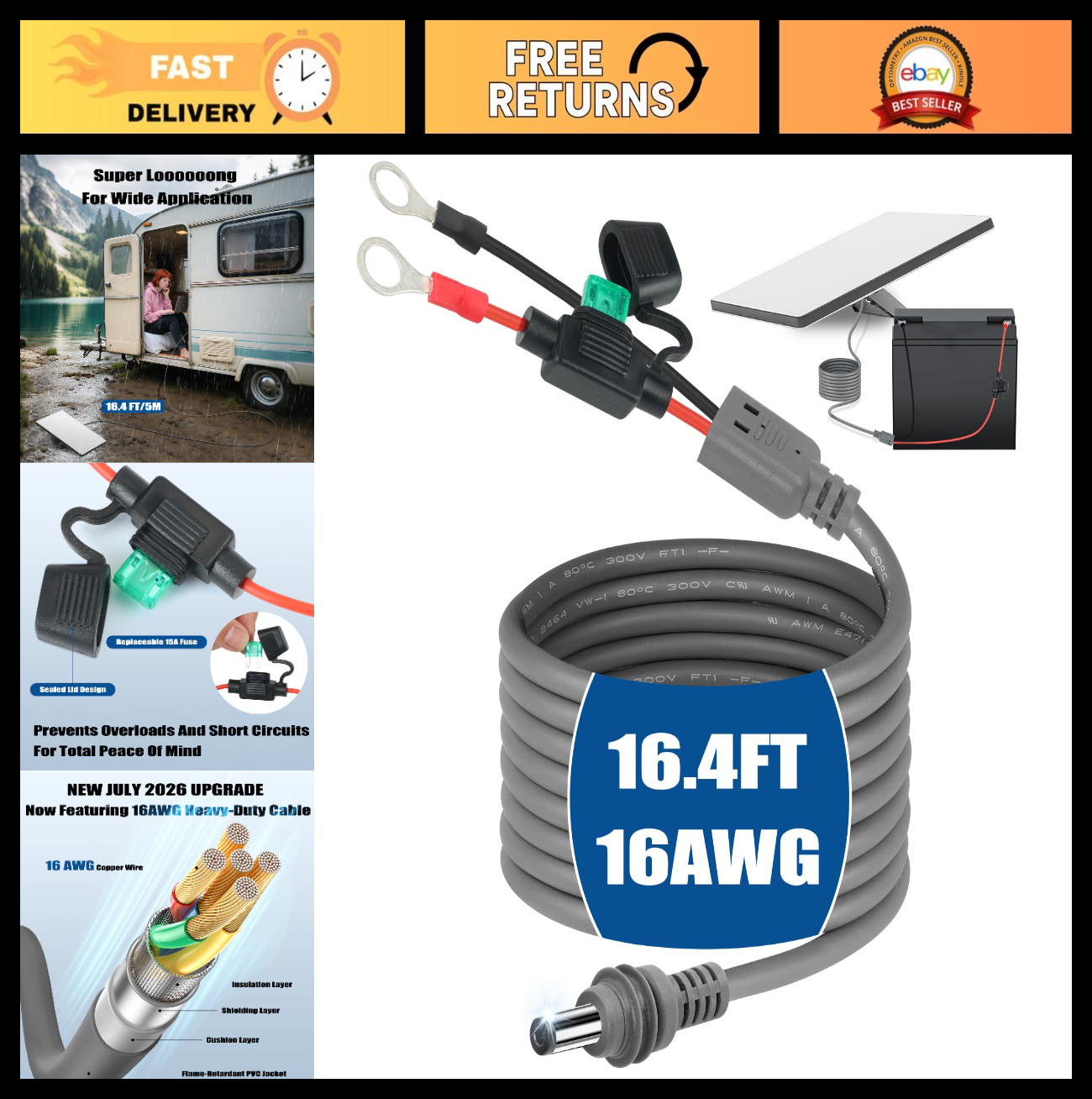 16.4FT Waterproof 16AWG Power Cable for Starlink Mini - Direct Battery Adapter,