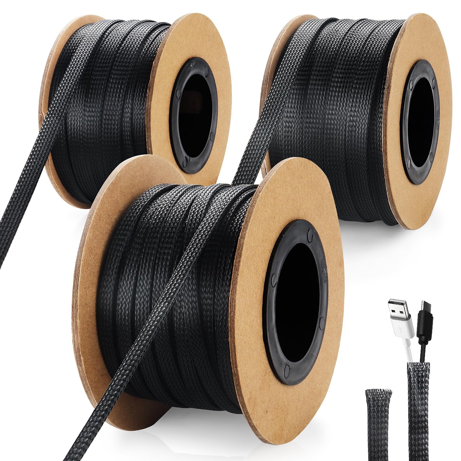300 Feet 1/4, 1/2, 3/8 Inches Braided Wire Loom PET Cable Loom Expandable Sle...