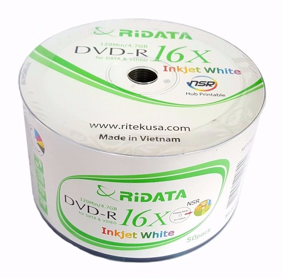 100 RIDATA Blank 16X DVD-R DVDR White Inkjet Printable 4.7GB Recordable Disc