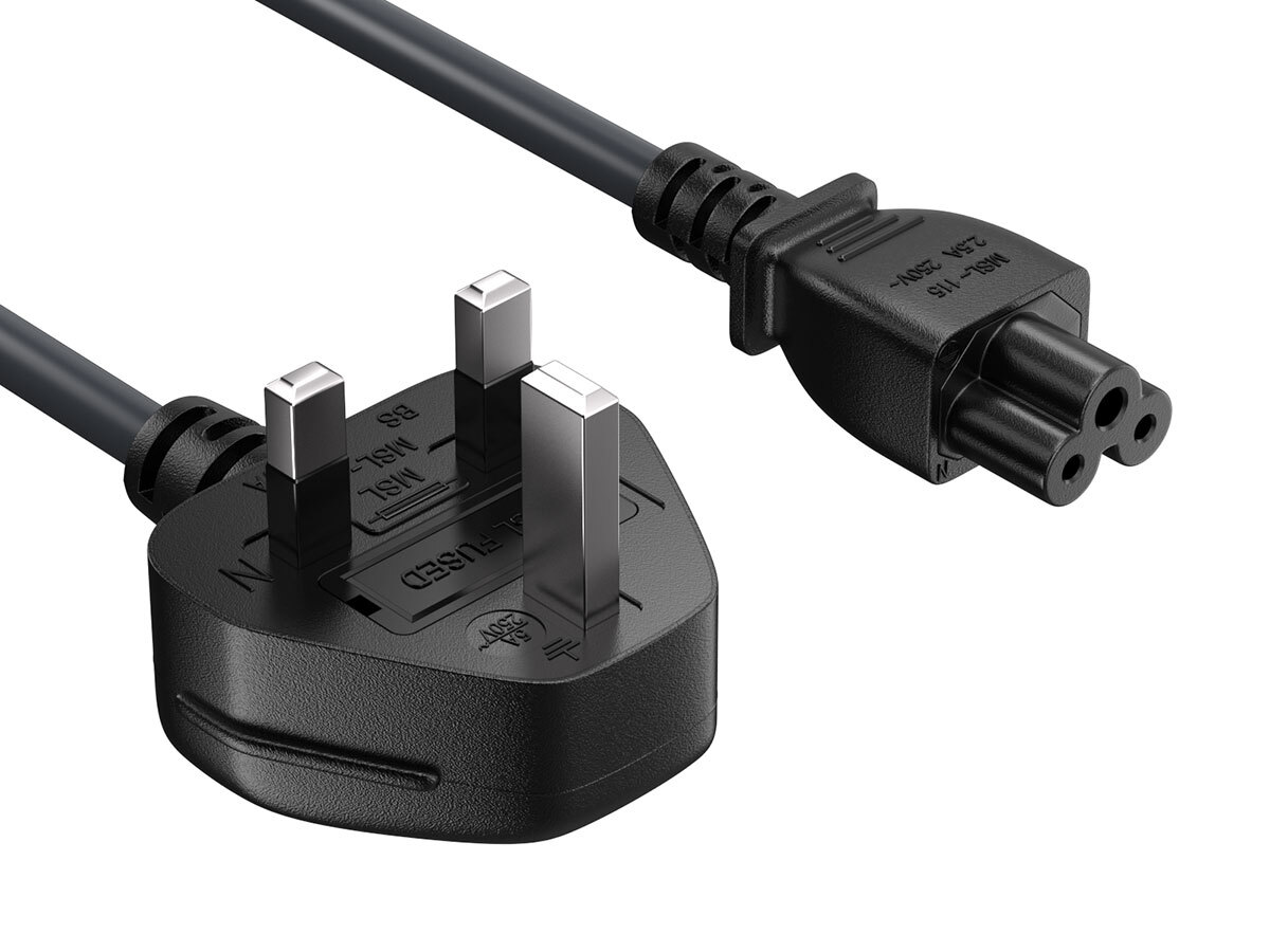 3ft BS1363 to C5 England UK Power Cord with Fuse, for Notebook, 18AWG, Black