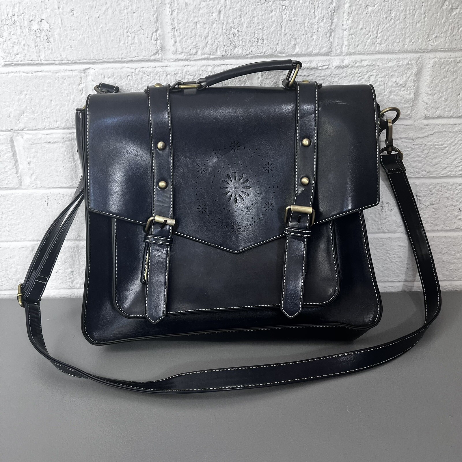 Ecosusi Laptop Briefcase Messenger Bag Blue Vegan Leather Die-Cut Accent