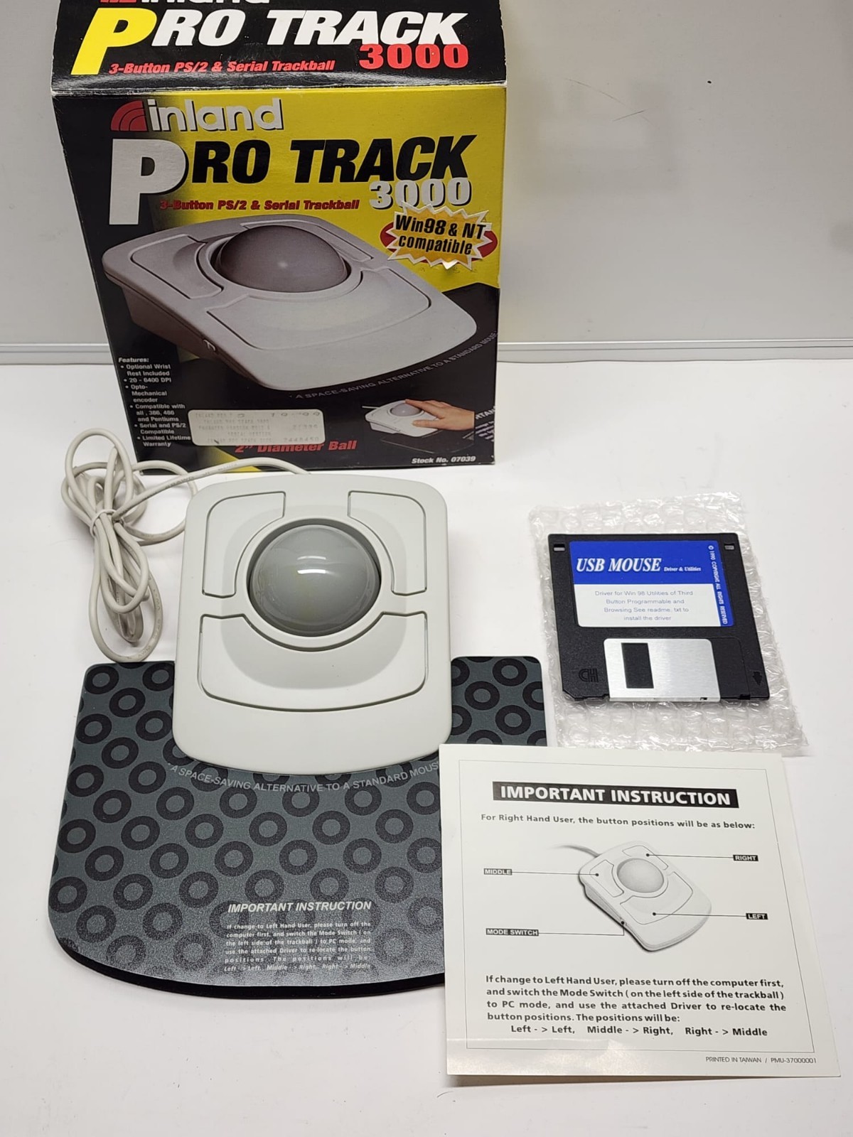 Vintage Inland Pro Track 3000 3-button PS/2 Serial Trackball Computer Mouse