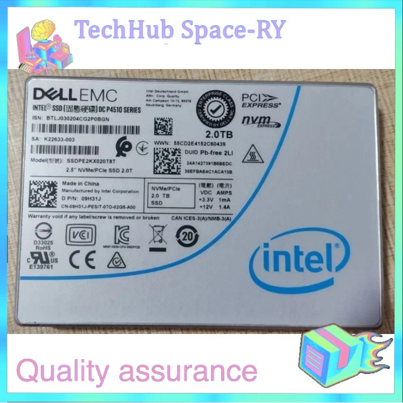 Used DELL 2TB Intel SSD P4510 Series DC NVME U.2 2.5" SSDPE2KX020T8T 09H31J