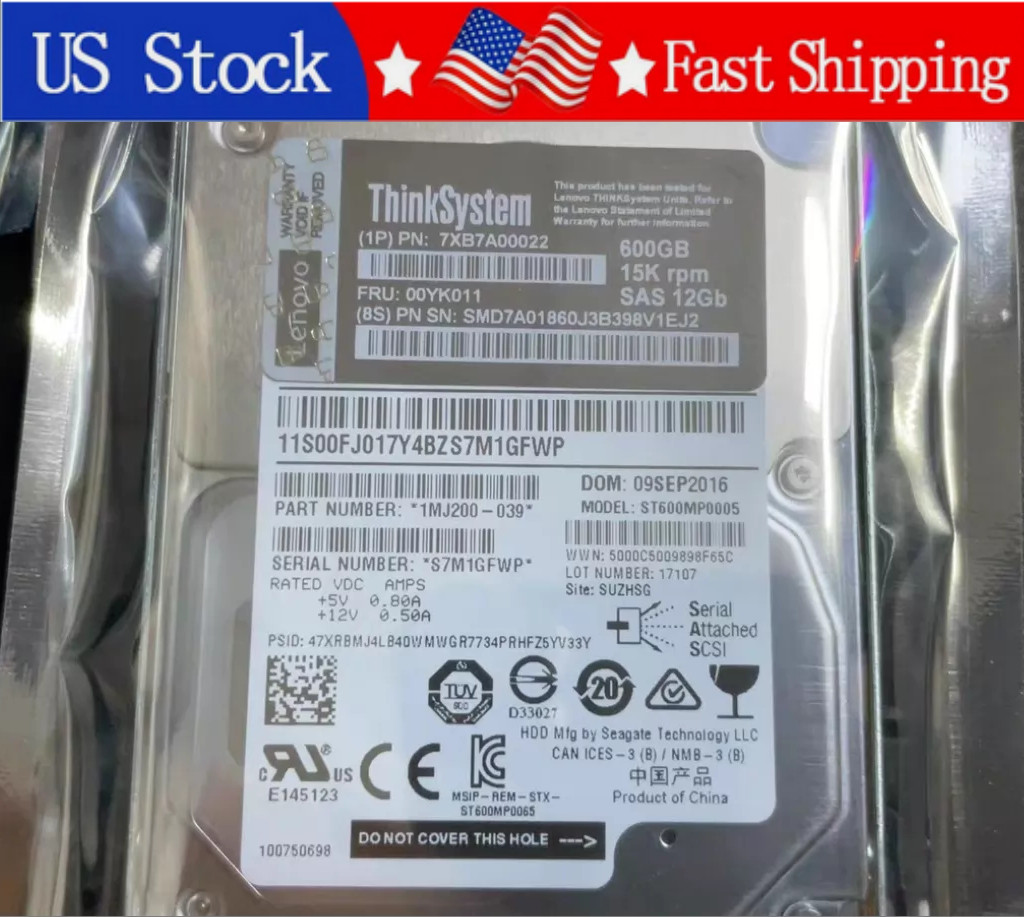 New Lenovo/IBM 00YK011 7XB7A00022 2.5" 600GB 15K SAS 12Gb Hot Swap HDD