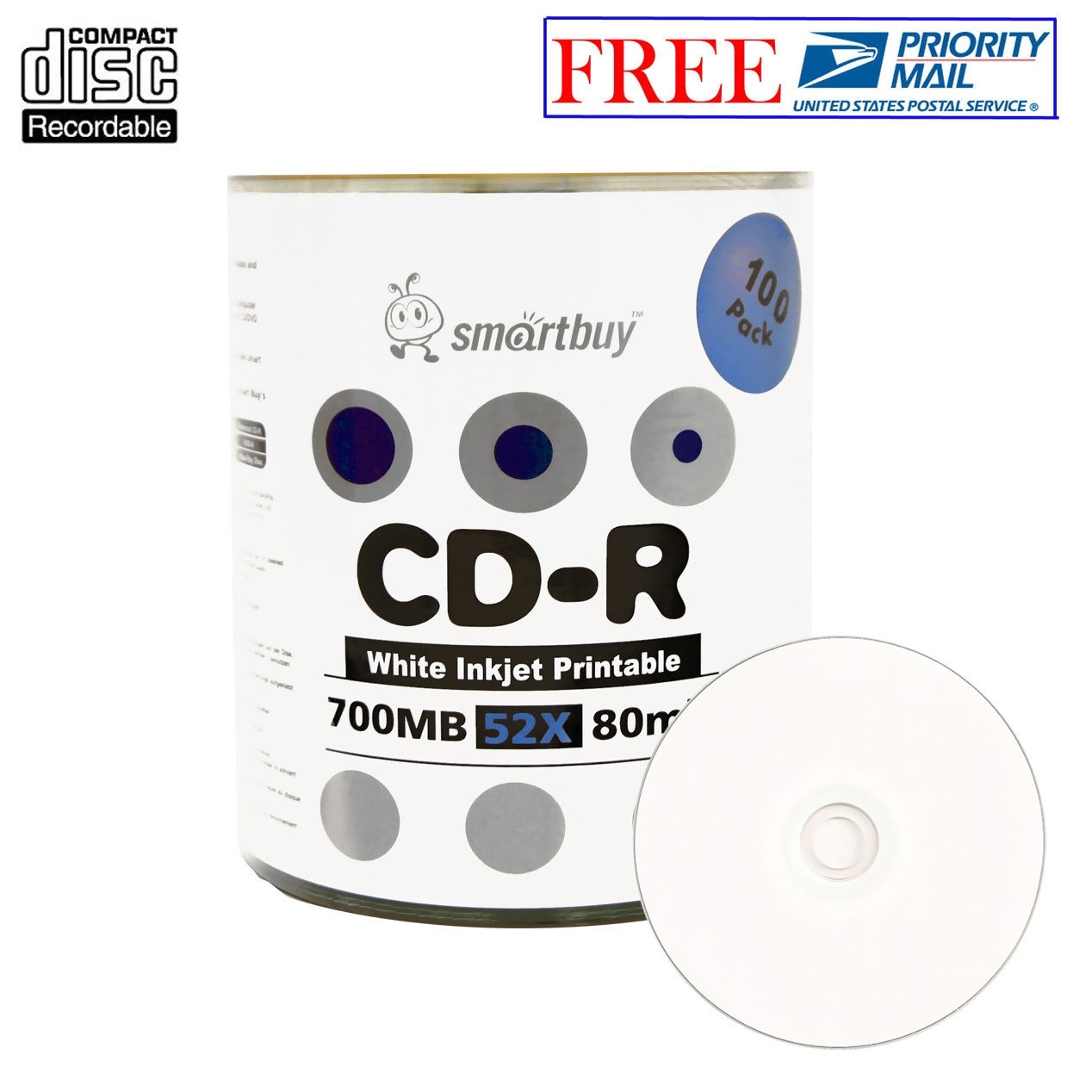 100 Pack Smartbuy Blank CD-R 52X 700MB 80M White Inkjet Printable Record Disc
